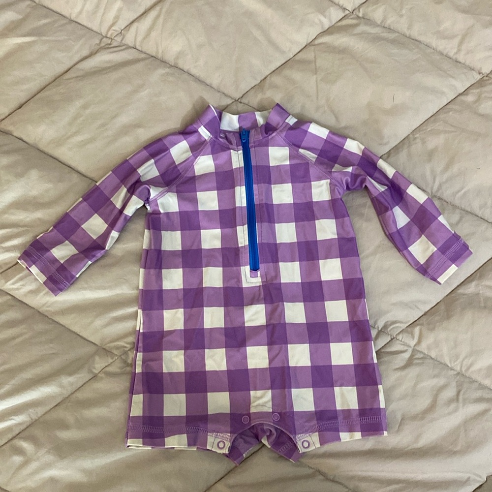 Primary purple check swimsuit rash guard